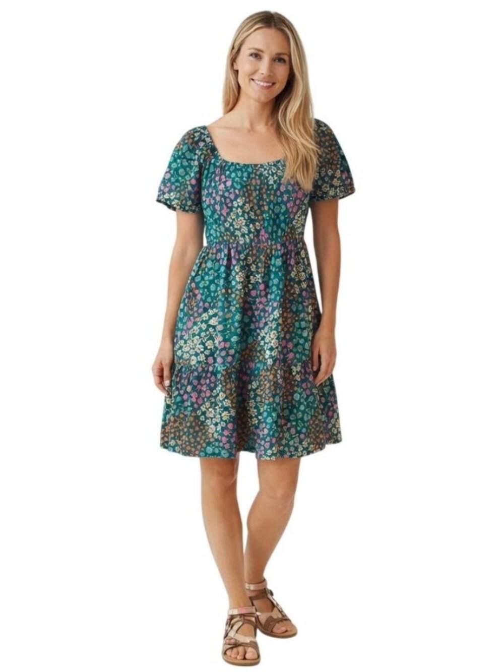 New Princess Highway Floral Size 8 Organic Cotton Dress Teal Multi-Color